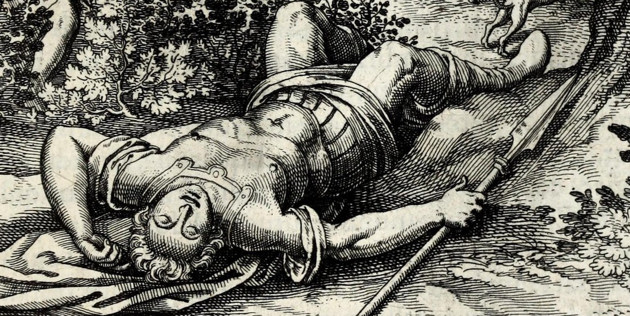 Death and the Skull in Adonis ab apro occiditur, cui Venus accurrens tinxit Rosas sanguine