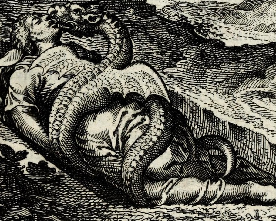 The Dragon in Draco mulierem, & hæc illum interimit, simulque sanguine perfunduntur