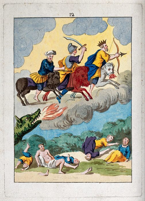 Three Riders on Black, Red and White Lions