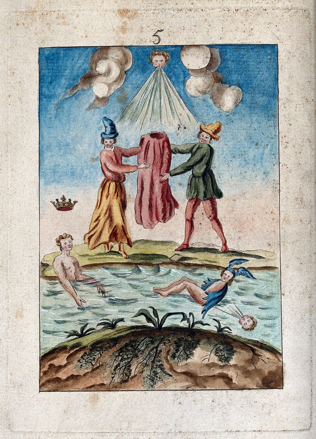 Two Peasants Hold a Red Robe, Mercury Rests on the Water Below