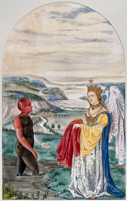 The winged queen holds out a robe to the black man, Edith Annie Ibbs, after the Splendor Solis manuscript of 1582, 1900 to 1909