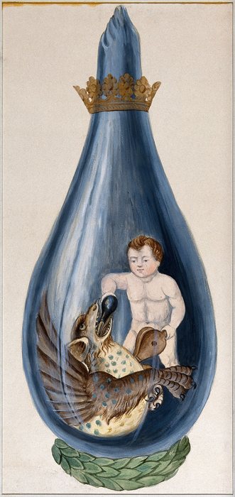 The child pouring the black flask down the dragon