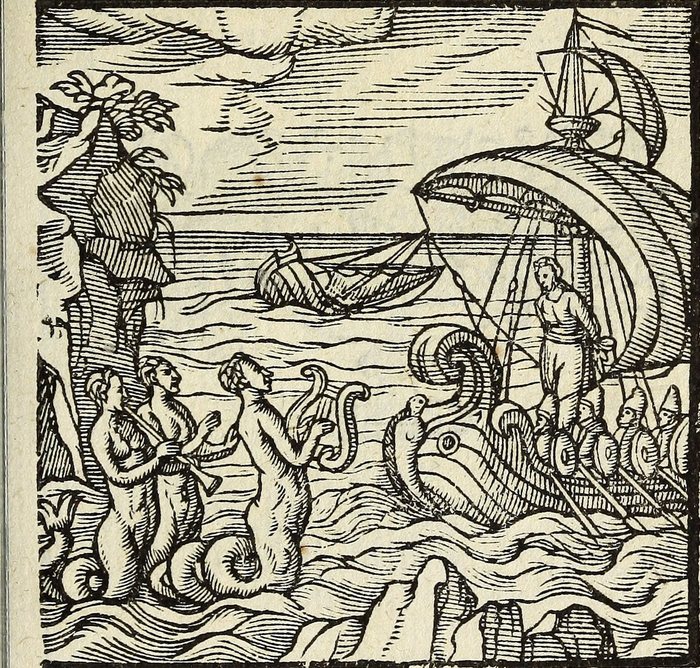 Sirenes, An unsigned block, for Andrea Alciato, 1648 printing, the emblems first published 1531