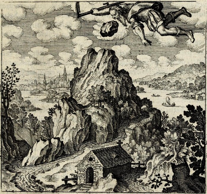 Lapis, quem Saturnus, pro Jove filio devoratum, evomuit, Pro monumento in Helicone mortalibus est positus, Matthaus Merian, attributed, for Michael Maier, 1618