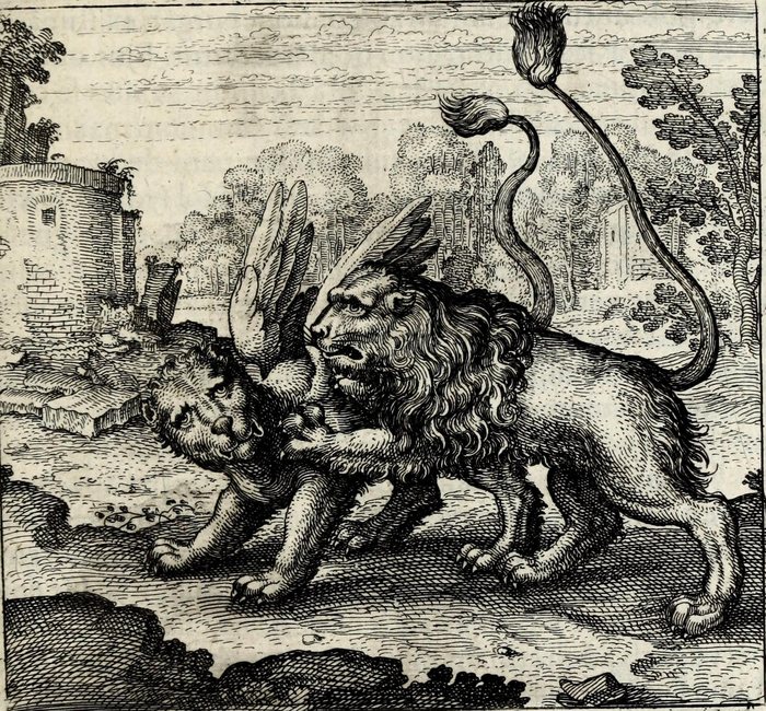 Hic leo, quas plumas non habet, alter habet, Matthaus Merian, attributed, for Michael Maier