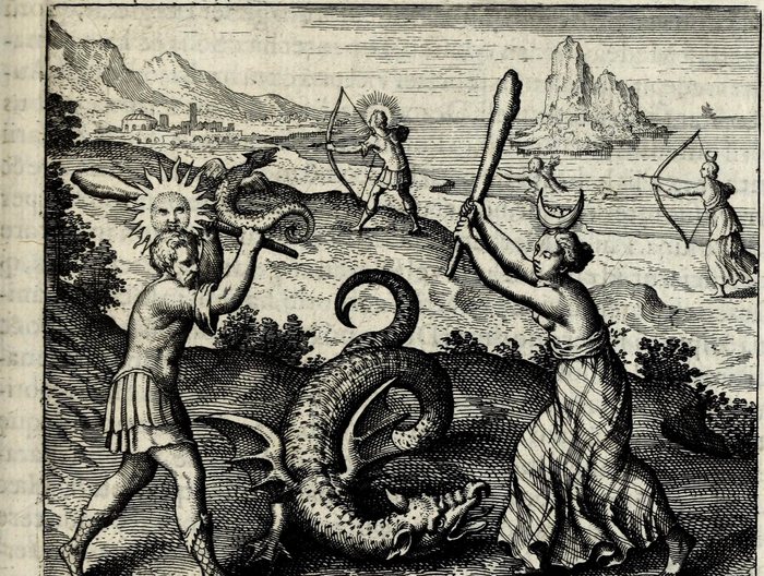 DRACO non moritur, nisi cum fratre & sorore sua interficiatur, qui sunt Sol & Luna, Matthaus Merian, attributed, for Michael Maier