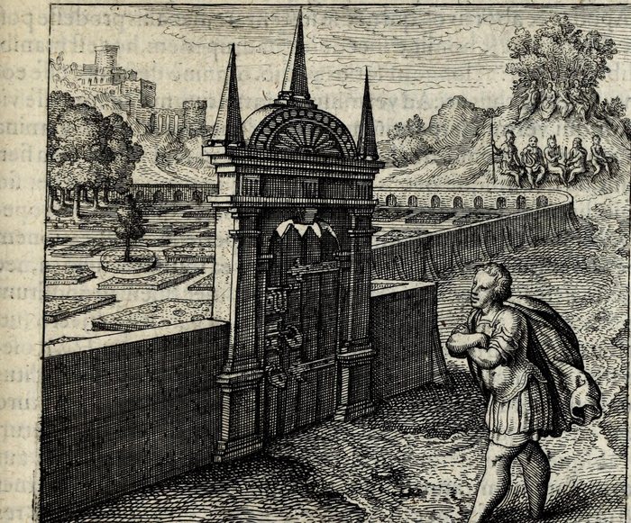 Qui Rosarium intrare conatur Philosophicum absque clave, assimilatur homini ambulare volenti absq; pedibus, Matthaus Merian, attributed, for Michael Maier, 1618