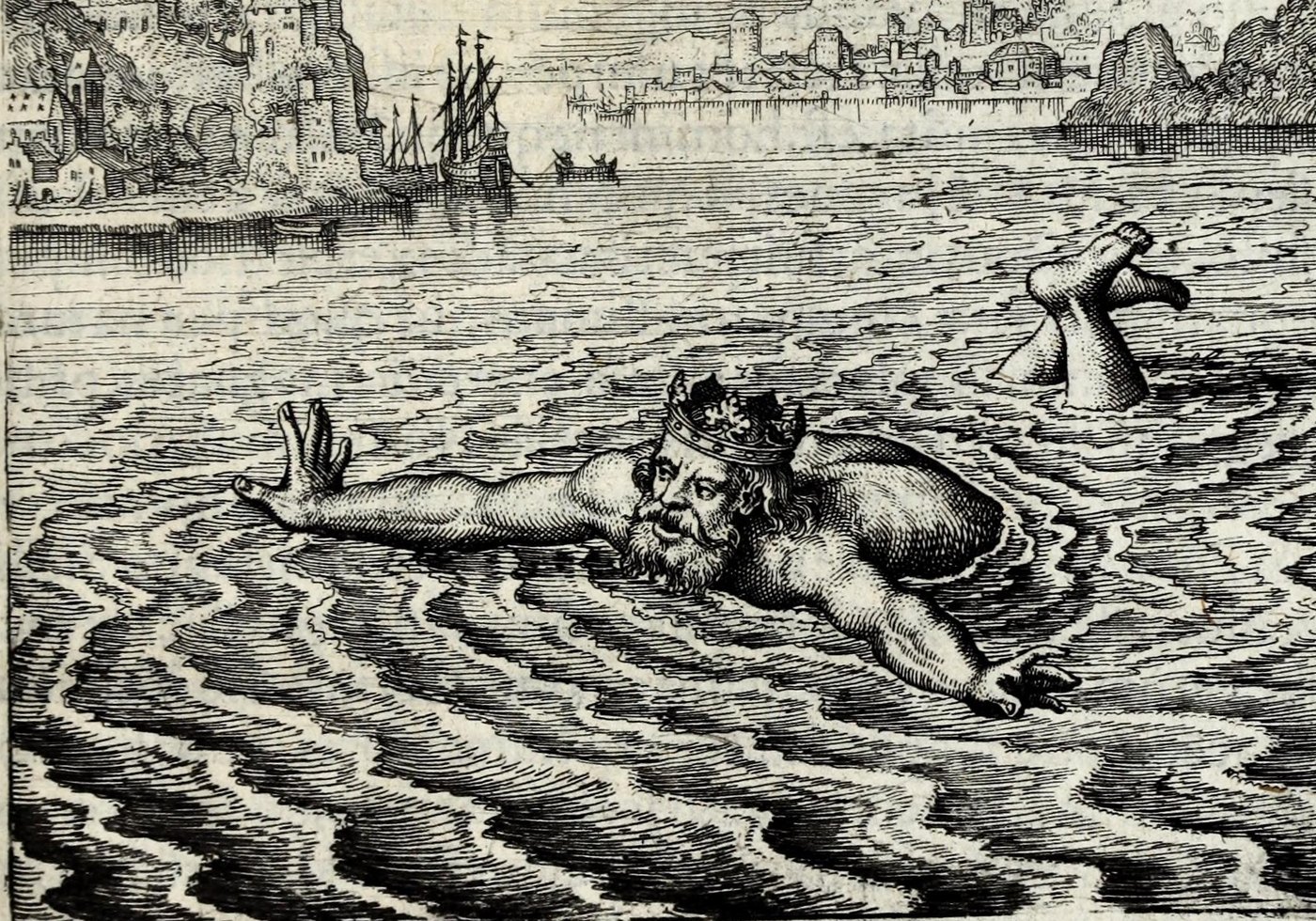 The Water on Rex natans in mari, clamans altâ voce: Qui me eripiet, ingens præmium habebit, the rest of the plate faded
