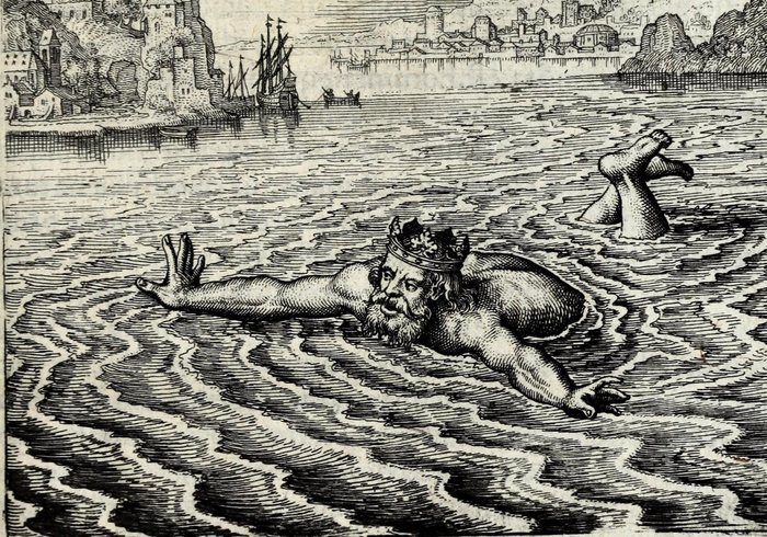 Rex natans in mari, clamans altâ voce: Qui me eripiet, ingens præmium habebit, Matthaus Merian, attributed, for Michael Maier