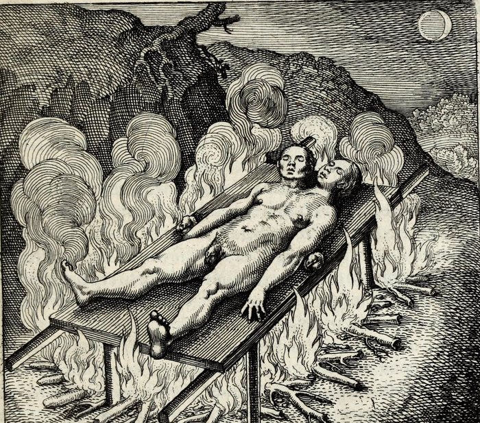 Hermaphroditus mortuo similis, in tenebris jacens, igne indiget, Matthaus Merian, attributed, for Michael Maier
