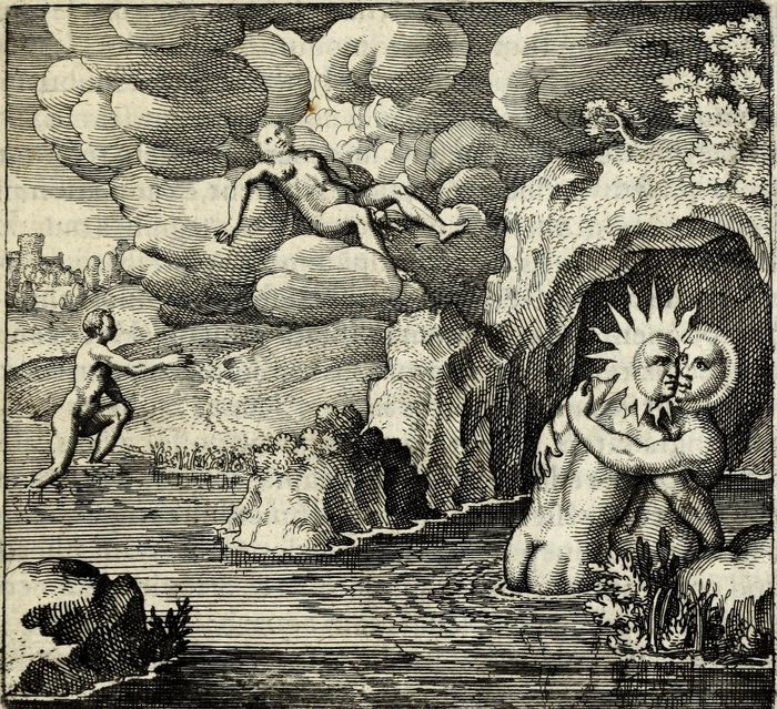 In balneis concipitur, & in aëre nascitur, rubeus verò factus graditur super aquas, Matthaus Merian, attributed, for Michael Maier, 1618