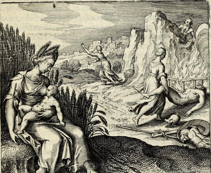 Ceres Triptolemum, Thetis Achillem, ut sub igne morari assuefecit, sic artifex lapidem, Matthaus Merian, attributed, for Michael Maier