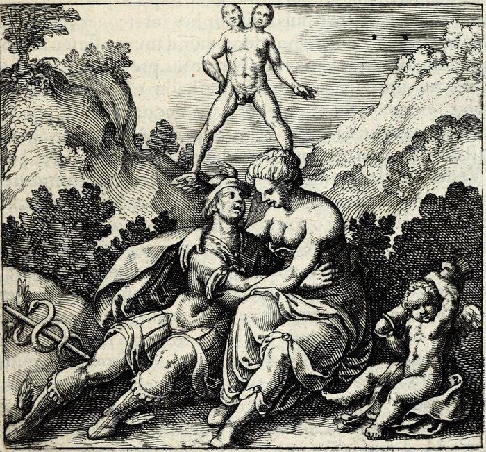 Rebis, ut Hermaphroditus, nascitur ex duobus montibus, Mercurii & Veneris, Matthaus Merian, attributed, for Michael Maier