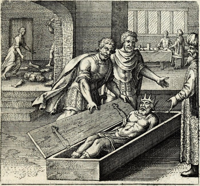 Dolo Typhon Osyridem trucidat, artúsque illius Hinc inde dissipat, sed hos collegit Isis inclyta, Matthaus Merian, attributed, for Michael Maier