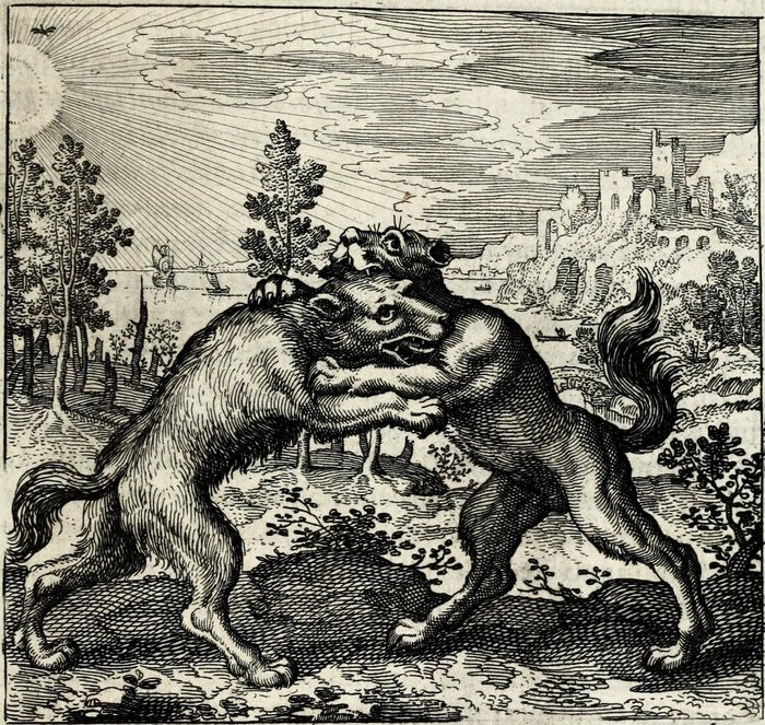 Lupus ab Oriente & Canis ab Occidente venientes se invicem momorderunt, Matthaus Merian, attributed, for Michael Maier