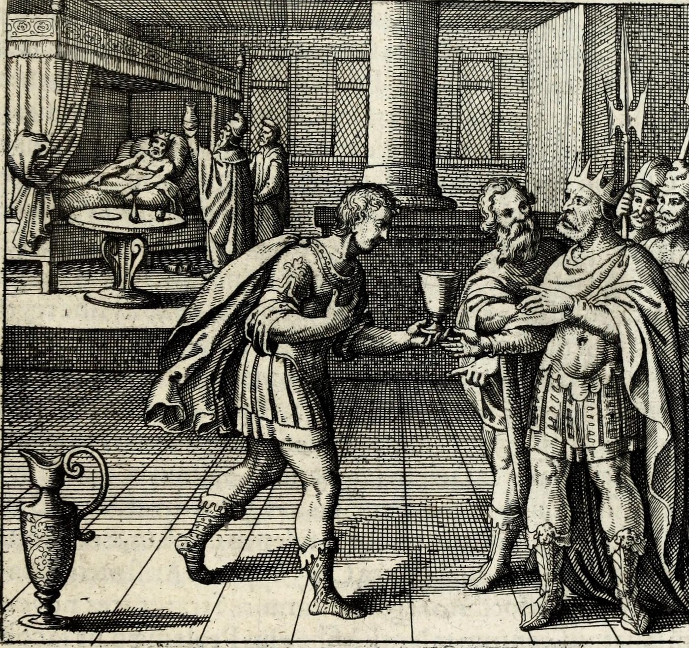 Rex ab aquis potatis morbum, à medicis curatus sanitatem obtinet