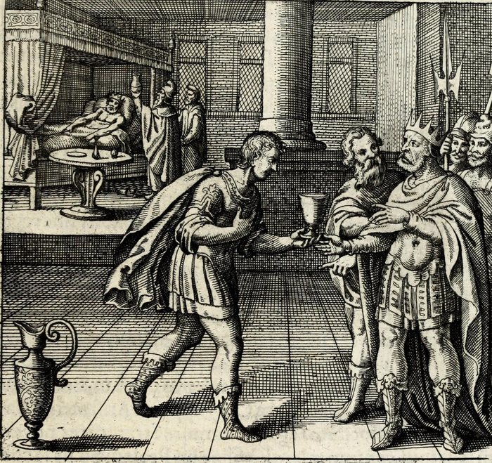 Rex ab aquis potatis morbum, à medicis curatus sanitatem obtinet, Matthaus Merian, attributed, for Michael Maier