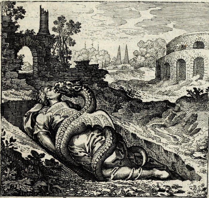 Draco mulierem, & hæc illum interimit, simulque sanguine perfunduntur, Matthaus Merian, attributed, for Michael Maier