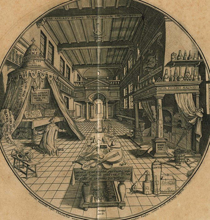 The Oratory and the Laboratory, Heinrich Khunrath, designer; the Oratory engraved by Paullus van der Doort, 1595, printed 1609