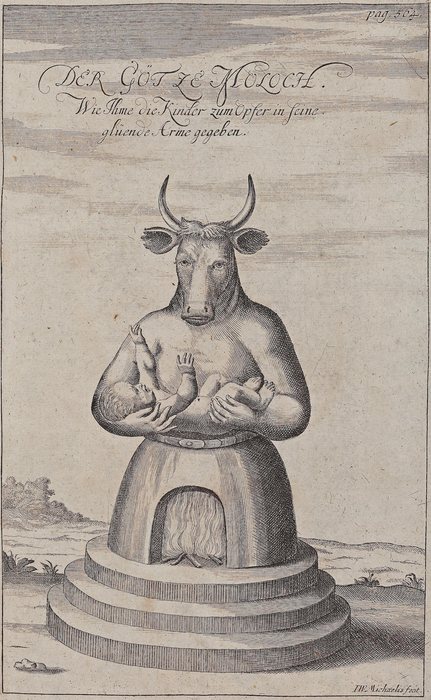 The idol Moloch with the children in his arms, Johann Lund, author; engraved by I. W. Michaelis, 1738