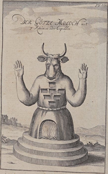 The idol Moloch with seven chambers, Johann Lund, author; the plate unsigned, 1738