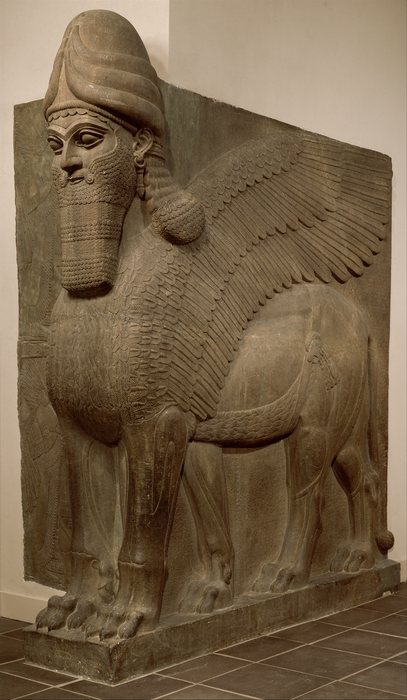 Human-headed winged lion, An unnamed sculptor, for Ashurnasirpal II, about 883 to 859 BCE