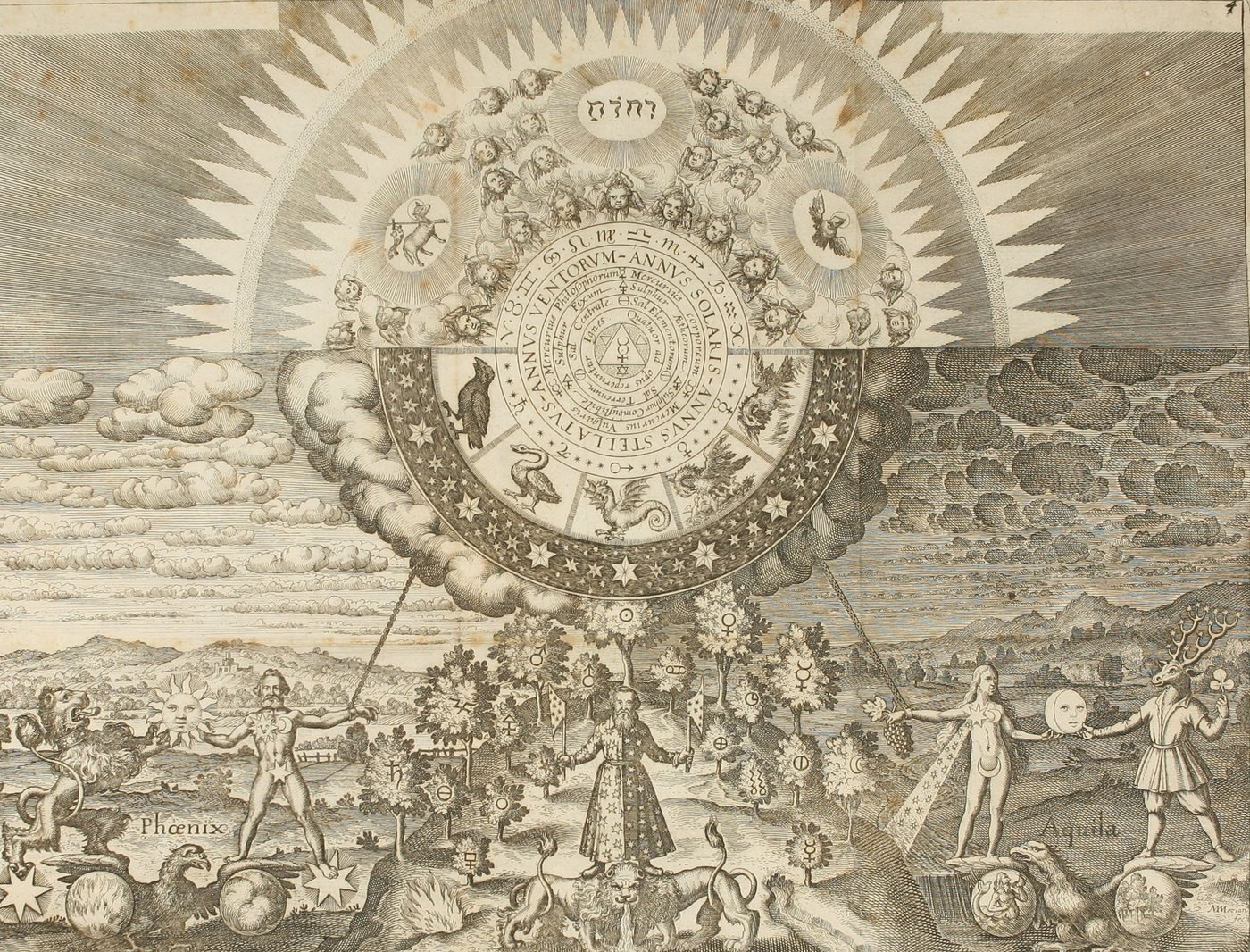 The operation of the sun, with the Emerald Tablet under it, M. Merian, signed on the plate, for the Musaeum Hermeticum printed at Frankfurt, 1678