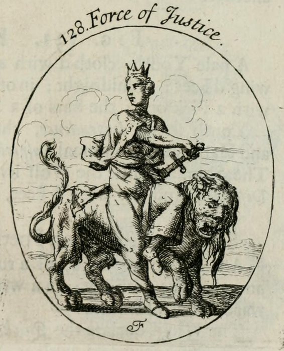 The Force of Justice, Cesare Ripa, device; engraved by Isaac Fuller, 1709 edition, the Italian text first published 1593