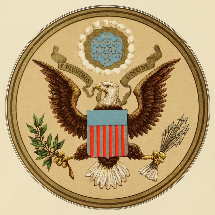 The Great Seal of the United States, the obverse, Device by Charles Thomson, adopted by Congress 20 June 1782; this colour plate from the Department of State's history of the seal, 1909, device 1782, this plate 1909