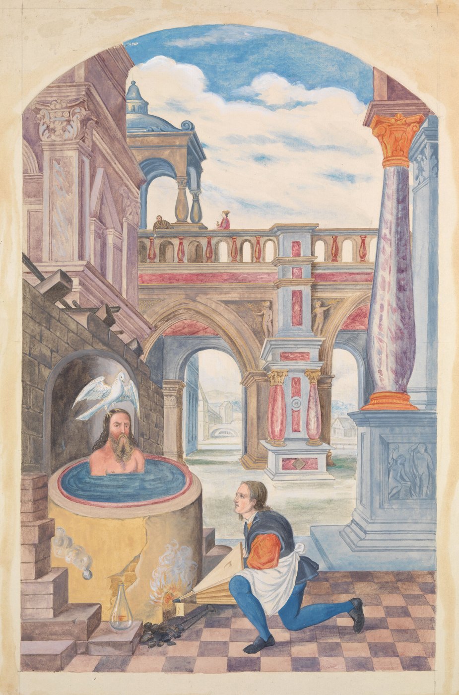 The man in the boiling bath with the dove on his head