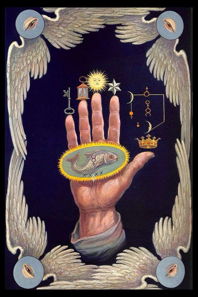 An open hand held up against a field of night, each fingertip bearing a symbol, a fish burning in the palm, and four eyes watching from the corners.